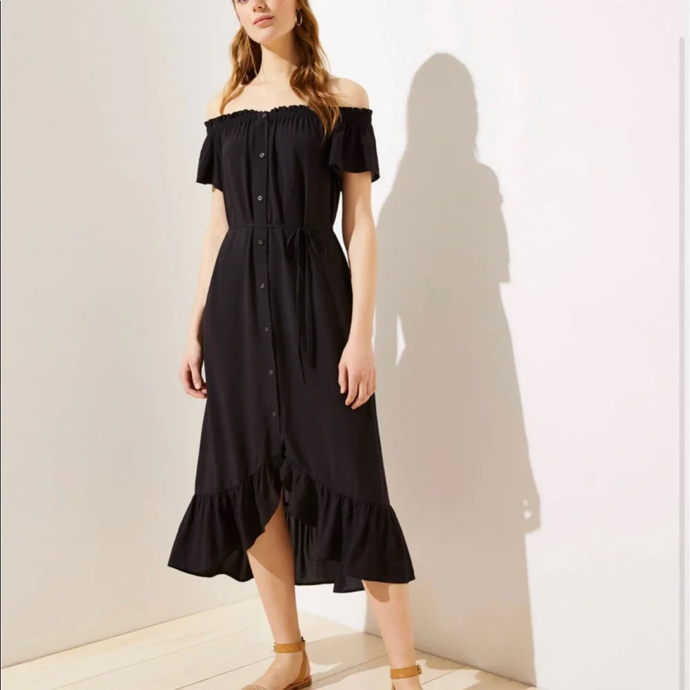 LOFT Petite Off The Shoulder Button Down Midi Dress - Black, PM - Picture 1 of 7